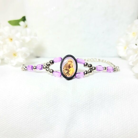 ✝️Purple Silver Beaded Oval Religious St.Anthony Pray For Us Devotional Bracelet - Picture 3 of 4